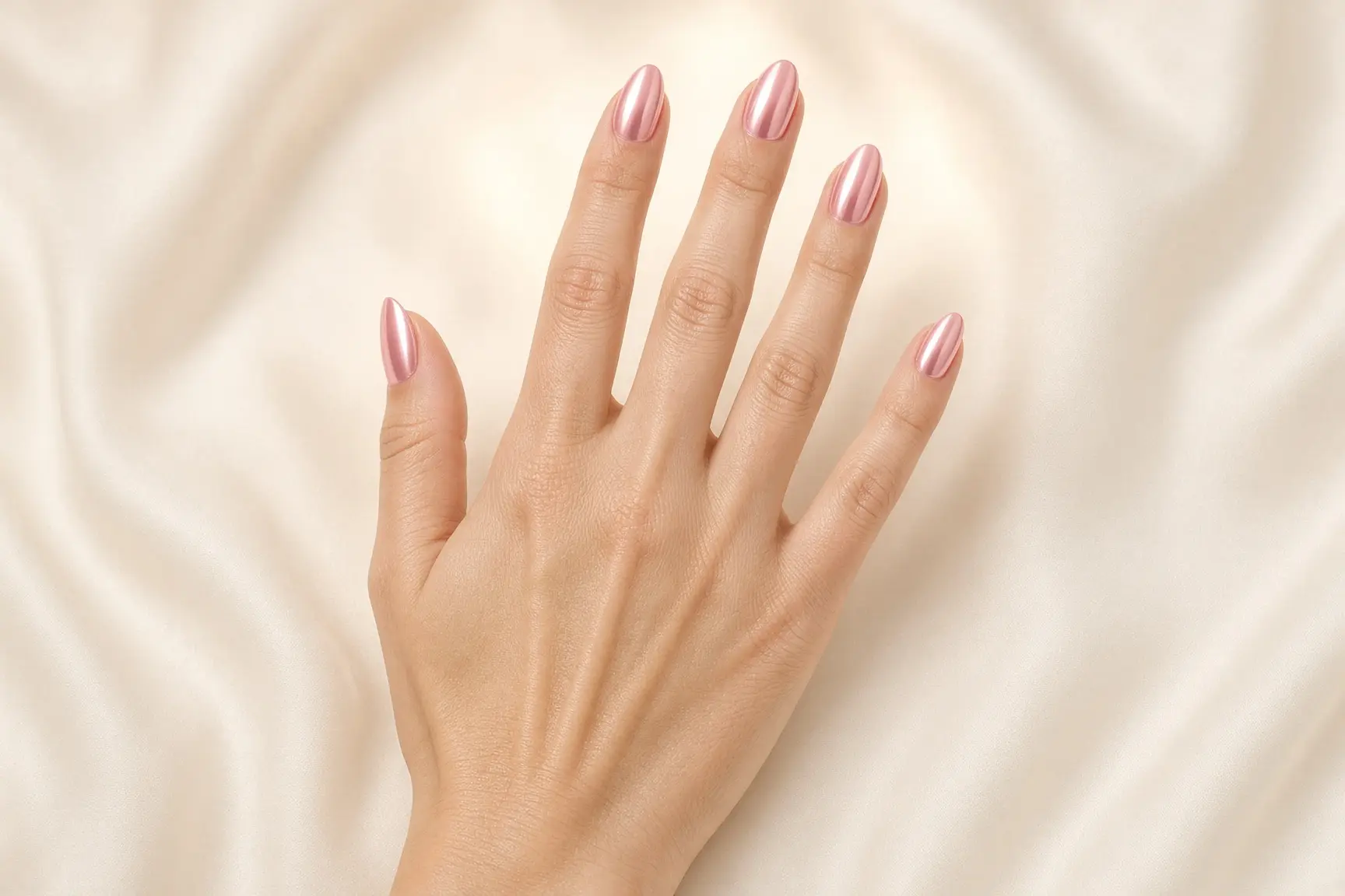Mano con uñas cromo rosado a sangre, en primer plano.