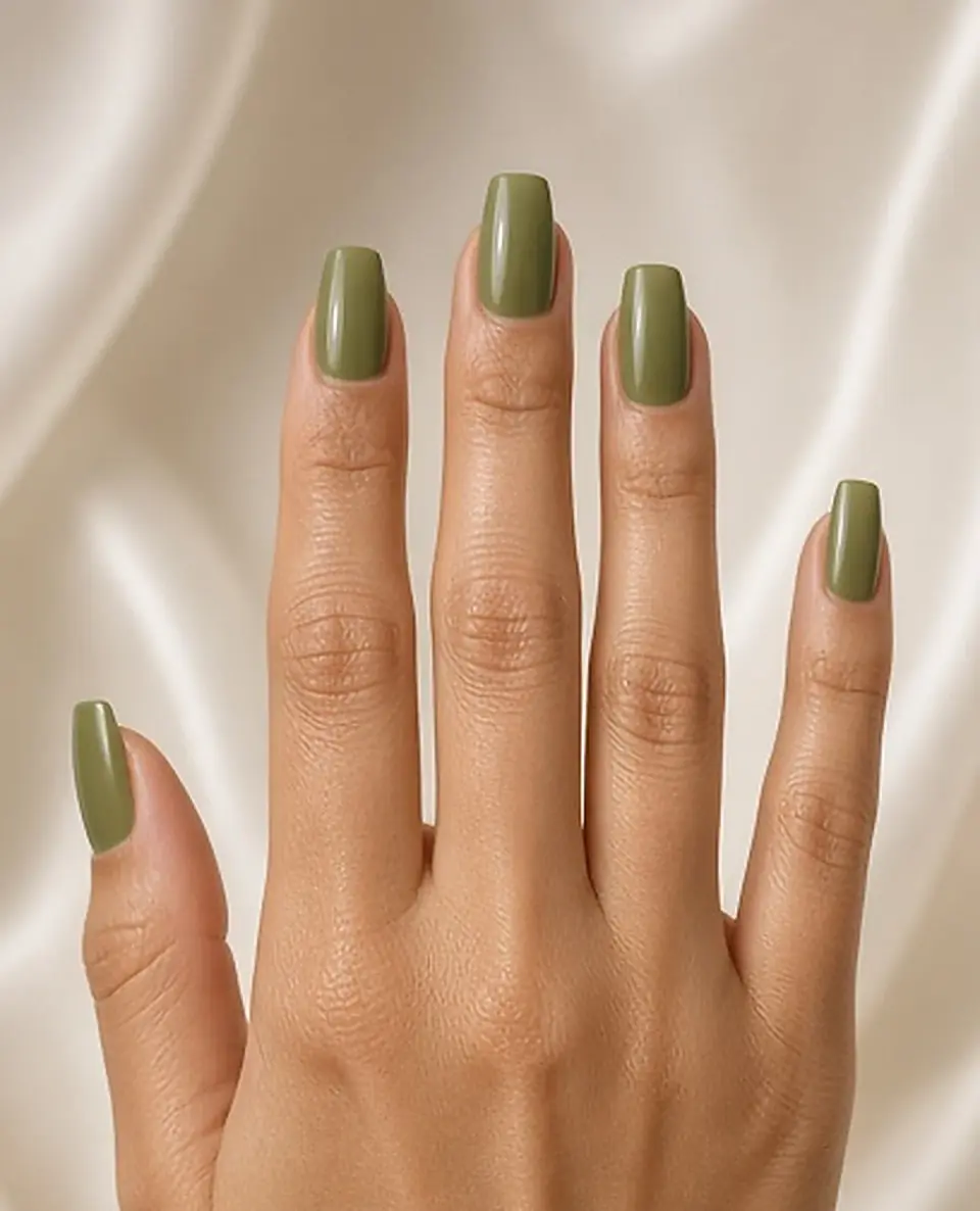 Uñas verde oliva. Vista previa, simulación.