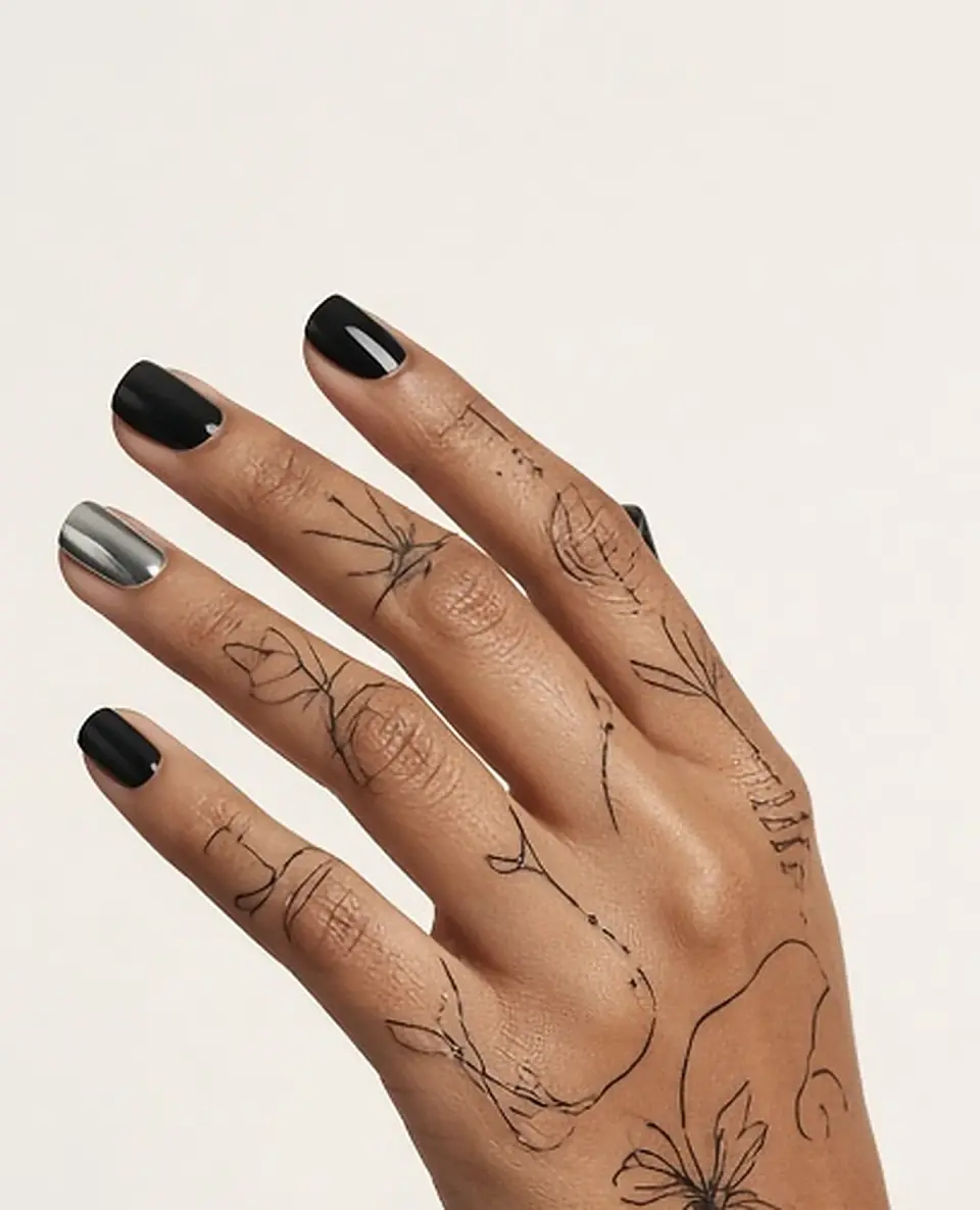 Uñas negro cromo, con tatuajes finos en los dedos. Vista previa, simulación.