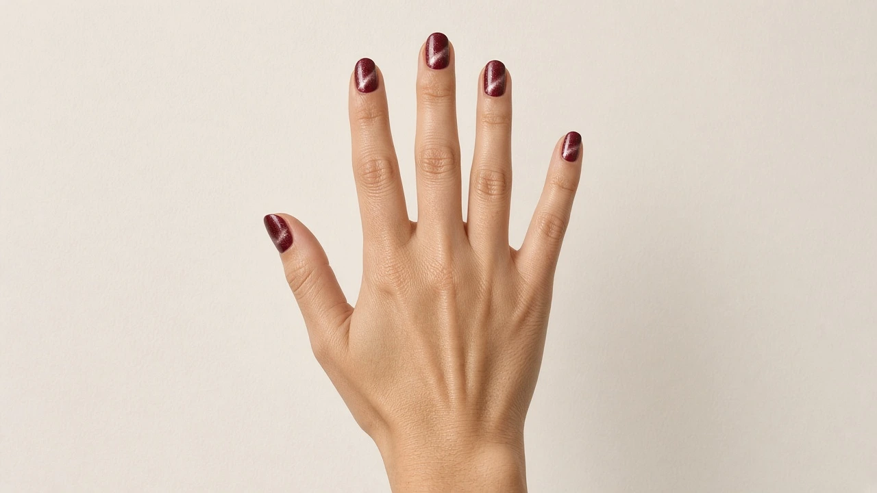 La misma mano, antes con uña natural y después con ojo de gato. Simulación.